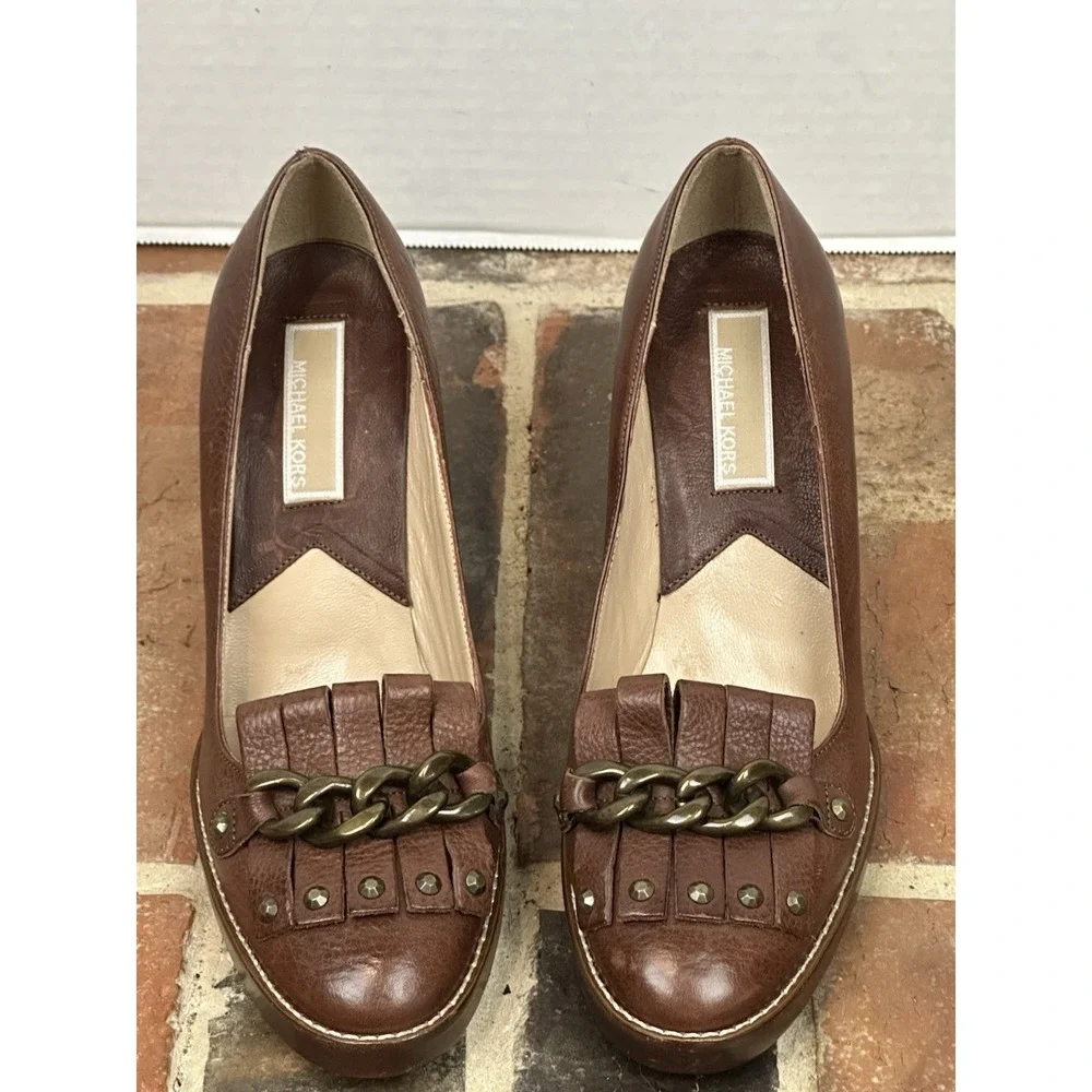 Michael Kors Collection Brown‎ Leather Kiltie Pumps Fringe Block Heel Women's 6